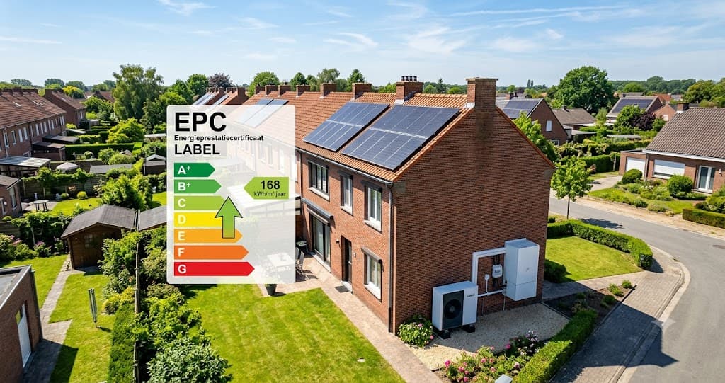 Vlaamse rijwoning met warmtepomp-buitenunit en zonnepanelen, met EPC-energielabel dat verbetert van label E naar label B dankzij het Actieplan Warmtepompen 2030