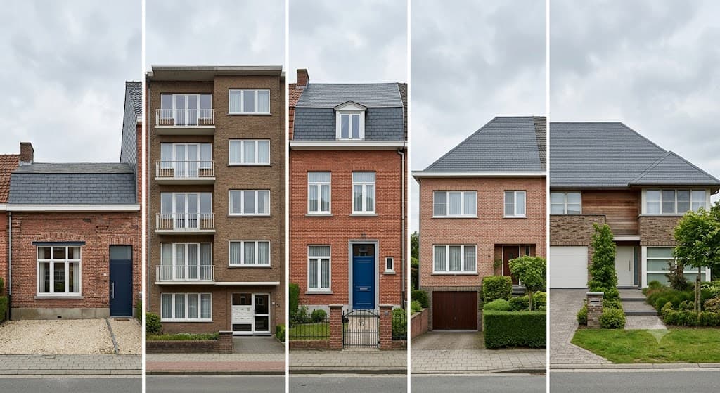 Vijf Vlaamse woningtypes naast elkaar: studio, appartement, rijwoning, halfopen bebouwing en open bebouwing met typische rode bakstenen gevels