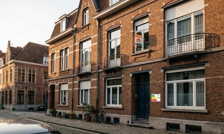 Vlaams appartementengebouw met Te Huur-bord en EPC energielabel bij de ingang