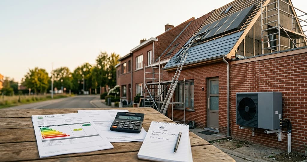 Vlaamse rijwoning in renovatie met dakisolatie en warmtepomp, naast facturen en een EPC-energielabel, symbool voor de renovatiepremies in Vlaanderen 2026.