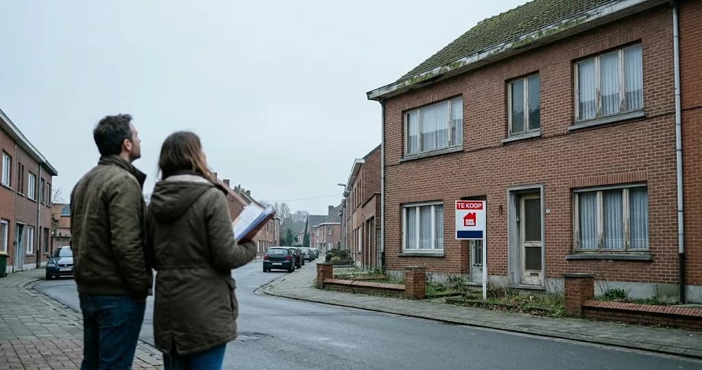 Koppel met een map papieren kijkt naar een Vlaamse bakstenen rijwoning met een te koop-bord en verweerd dak, voordat ze een woning met slecht EPC label E of F kopen.