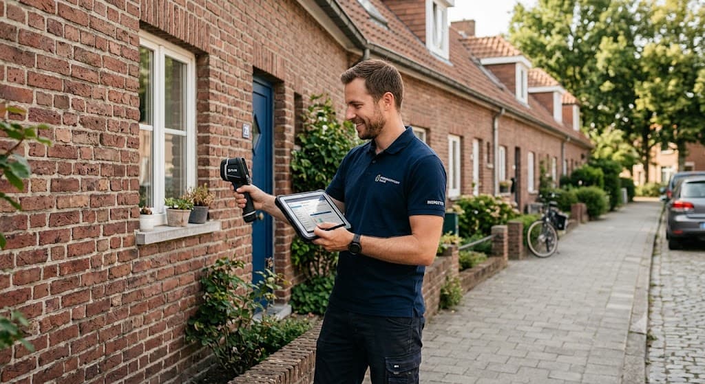Energiedeskundige inspecteert de gevel van een Vlaamse rijwoning voor een EPC keuring