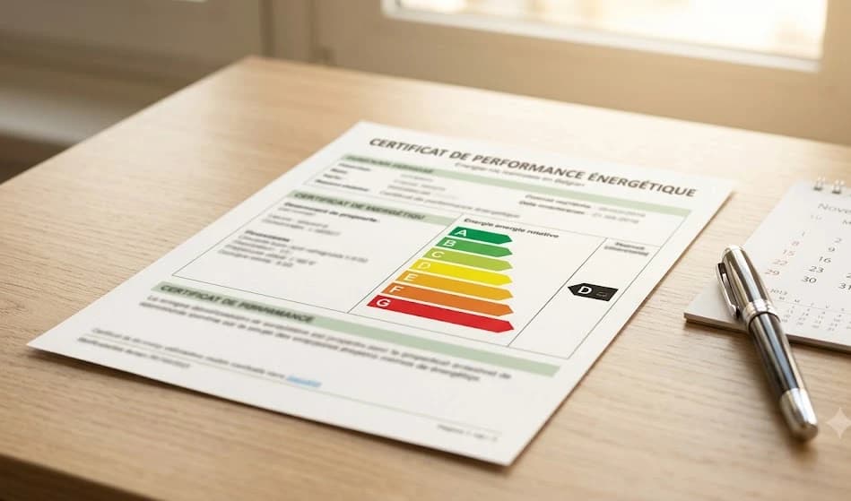 EPC attest met energielabels op een bureau naast een kalender, symboliseert de geldigheidstermijn van 10 jaar