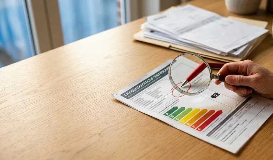 Een hand met een rood omrand vergrootglas en een rode pen boven een EPC energieprestatiecertificaat op een houten bureau, met de kleurenschaal van label A tot F en een omcirkelde regel, naast een map met facturen.