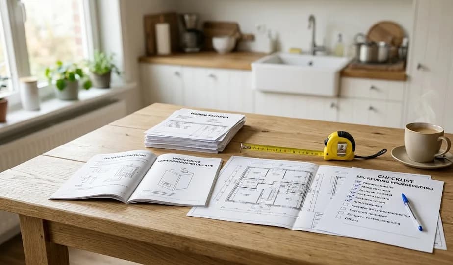 Een keukentafel klaargemaakt voor een EPC keuring met facturen van isolatie en ramen, handleidingen van de verwarmingsketel en een meetlat, naast een checklist voor de energiedeskundige.