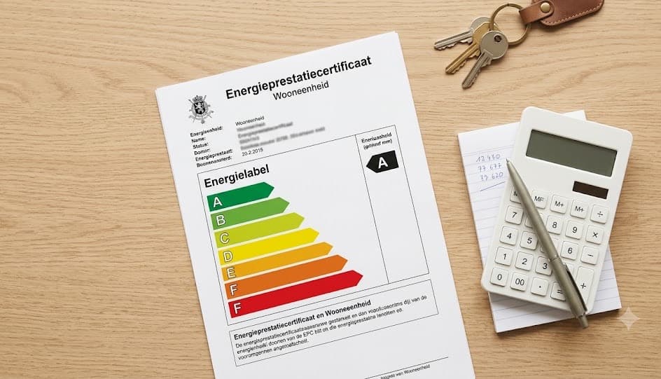 EPC certificaat met gekleurde energielabels naast een calculator en huissleutels op een houten tafel, symbool voor het berekenen van uw EPC keuring prijs