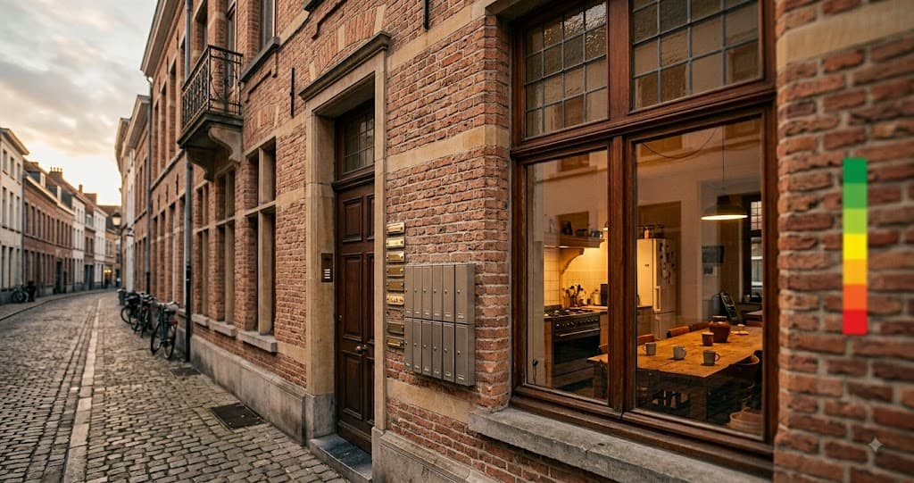 Vlaamse bakstenen rijwoning omgebouwd tot studentenhuis, met een rij belknoppen en brievenbussen naast één voordeur en een gedeelde keuken zichtbaar door het raam, symbool voor meerdere huurders in één wooneenheid.