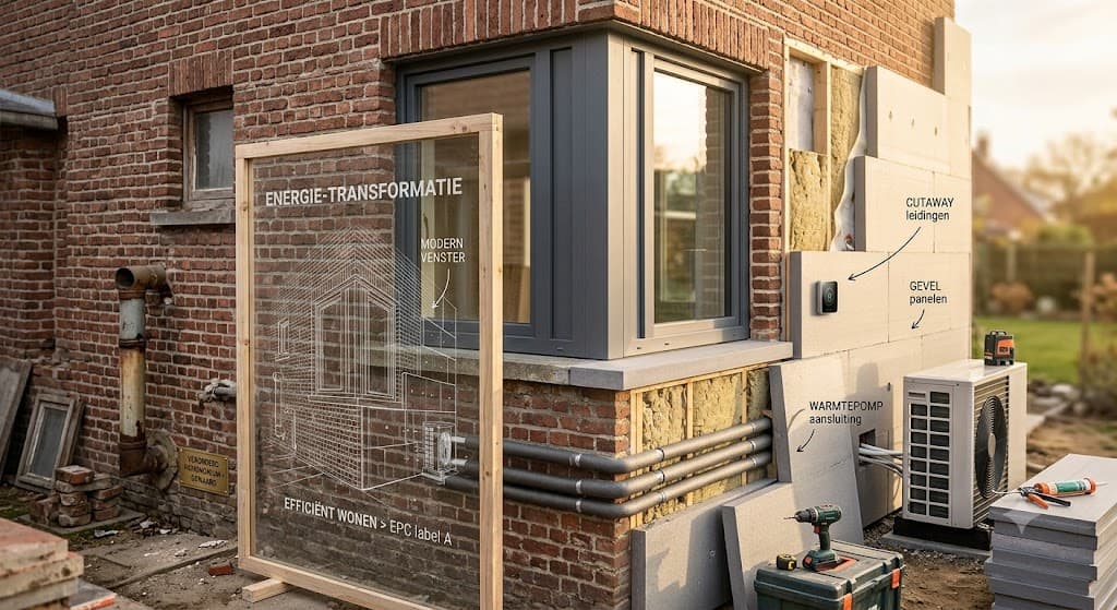 Vlaamse bakstenen woning voor en na energetische renovatie: links oude enkel glas en ongeïsoleerde muur, rechts nieuw driedubbel glas, muurisolatie en warmtepomp