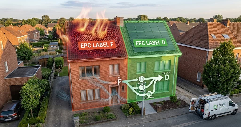 Luchtfoto van Vlaamse rijwoningen met renovatieplicht: woning met EPC label F in rood naast gerenoveerde woning met EPC label D in groen