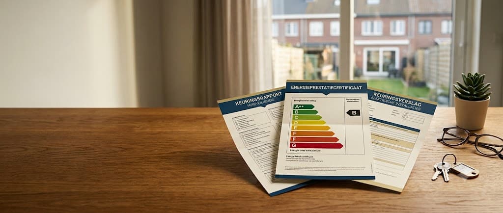 Overzicht van de verplichte attesten bij de verkoop van een woning in Vlaanderen: EPC-attest, asbestattest en elektrisch keuringsverslag naast elkaar op een keukentafel.