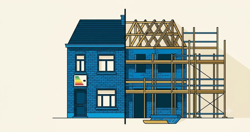 Illustratie van het verschil tussen EPC en EPB: links een bestaande Vlaamse rijwoning met energielabel, rechts een nieuwbouwwoning in aanbouw met bouwplannen.
